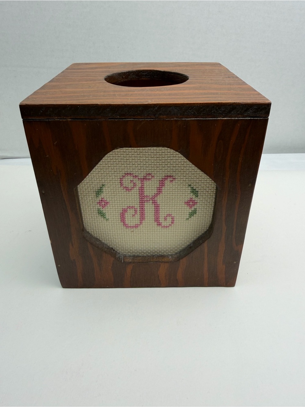 Needlepoint Crochet K Wood Handmade Vintage Tissue Holder with Grandma Core
